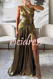 Shine Bright Metallic Fabric One Shoulder Cutout Back Lace-up Slit Maxi Dress