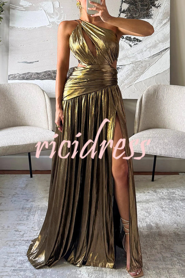 Shine Bright Metallic Fabric One Shoulder Cutout Back Lace-up Slit Maxi Dress