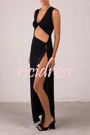 Beautiful Figure Shiny Knit Fabric Cutout Side Slit Stretch Vacation Maxi Dress