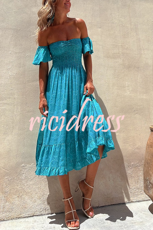 Cute on Repeat Ethnic Print Smocked Off Shoulder Tiered  Midi Dress