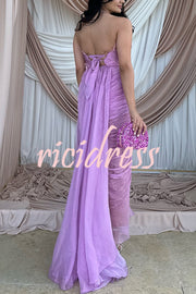 Julie Tulle Lace Trim Off Shoulder Ruched Back Lace-up Drape Slit Maxi Dress