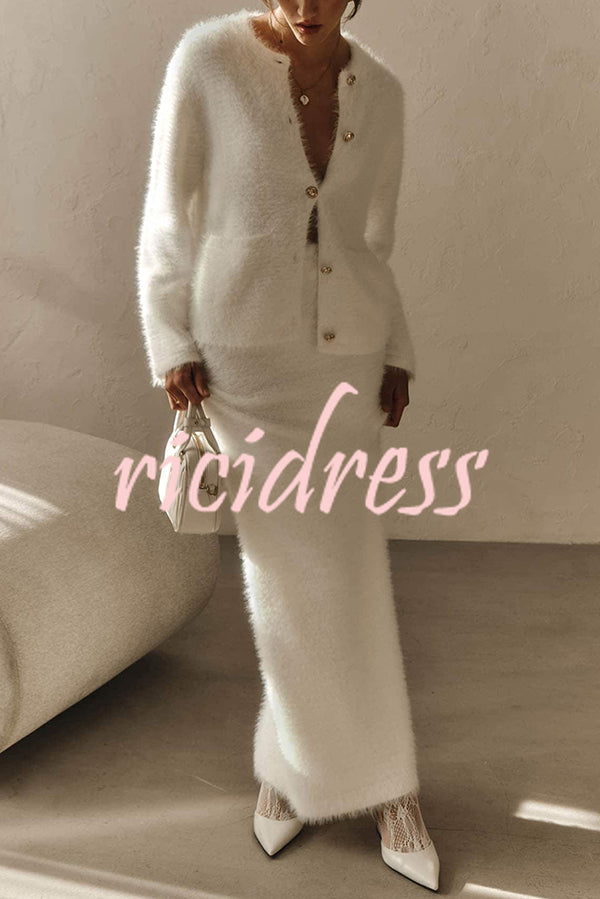 Solid Color Long-sleeved Button-pocket Knitted Jacket and Elegant Long Skirt Set