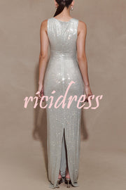 Holiday Nights Sequin Boat Neck Sleeveless Slit Maxi Dress