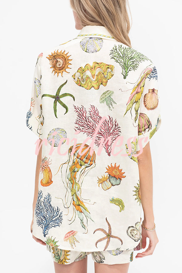 Beach Shell Print Short Sleeve Loose Shirt and Elastic Waist Tie Casual Pocket Shorts Set