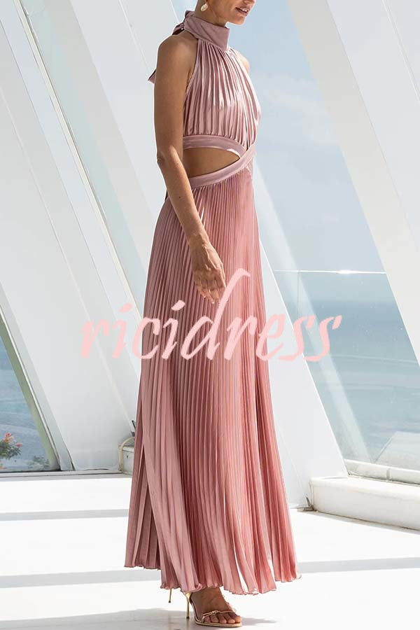 Stunning Choice Satin Pleated Halter High Neck Cutout Waist Backless Maxi Dress