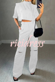 Super Chic Cargo Button Blouse and Pocketed Ripped Flare Pants Set
