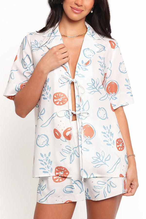 Graffiti Fruit Print Lapel Tie Short Sleeve Top and Elastic Waist Loose Pocket Shorts Set