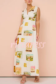 Art Summer Linen Blend Unique Print Drawstring Shoulder Loose Maxi Dress