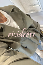 Modern Urban Dropped Shoulder Strap Button Detail Belted Lapel Loose Trench Coat