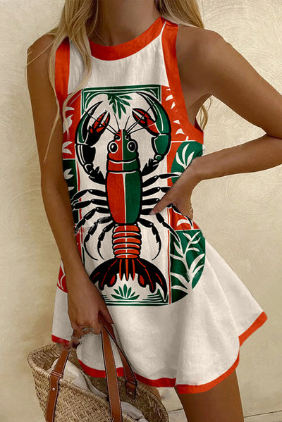 Contrast Lobster Print Sleeveless Resort Mini Dress