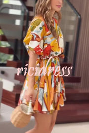 Unique Printed Round Neck Short Sleeve Waist Tie Vacation Mini Dress