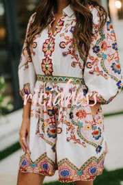 Fun and Vibrant Linen Blend Unique Print Puff Sleeve Pocketed Shirt Mini Dress