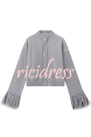 Solid Color Elegant Feather Long Sleeve Casual Knitted Cardigan