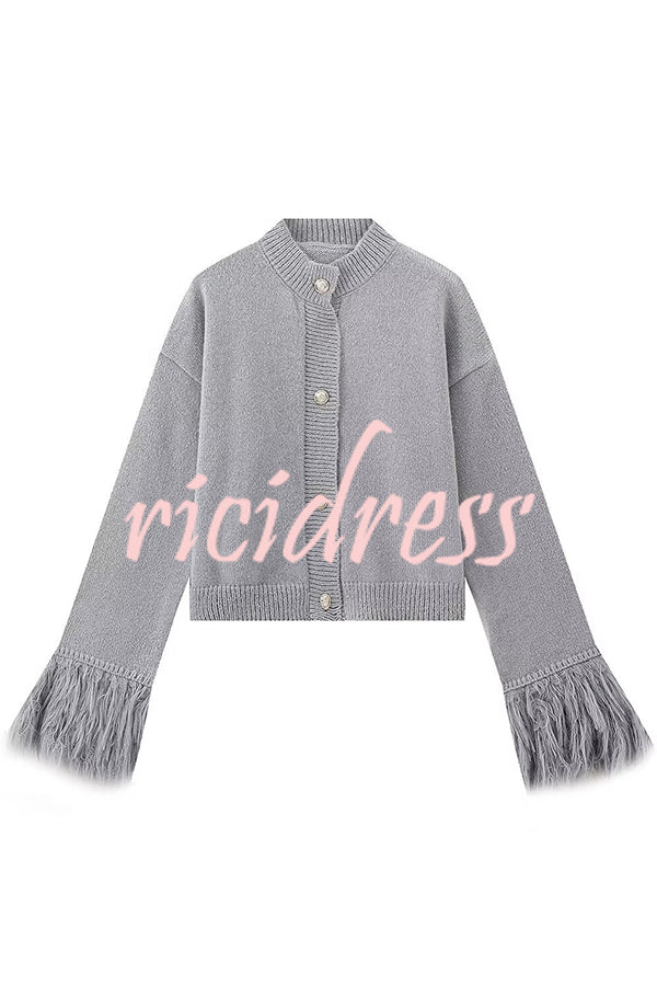Solid Color Elegant Feather Long Sleeve Casual Knitted Cardigan