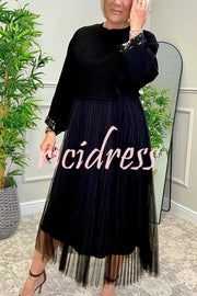 Fenna Ribbed Sequin Trim Batwing Sleeve Sweater and Pleated Tulle Stretch Tank Midi Dress Two-piece Set