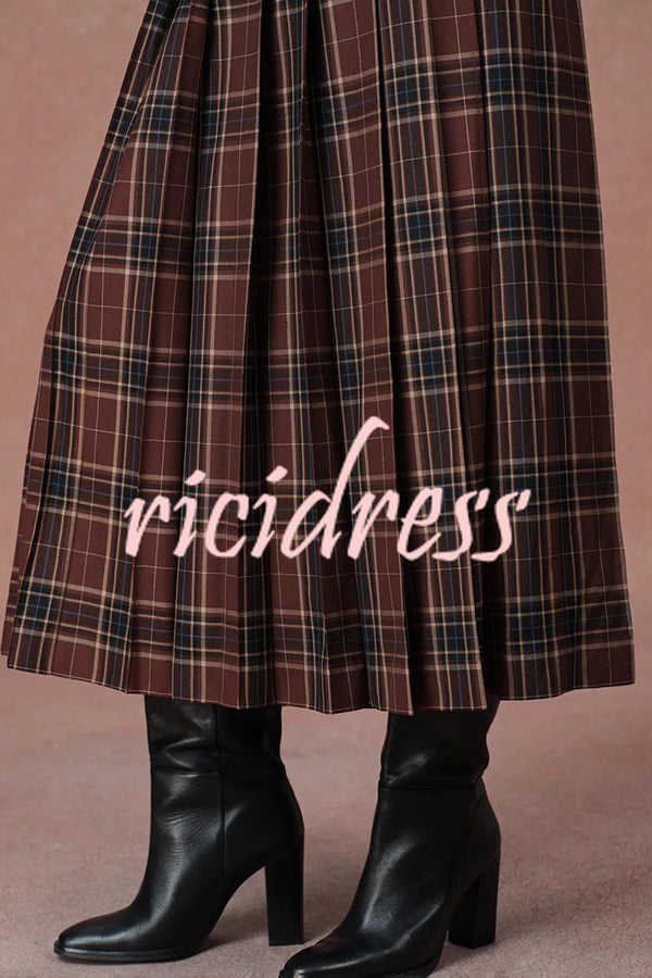 Yehudit Plaid Belt Buckle Design High Rise Pocket Midi Umbrella Skirt