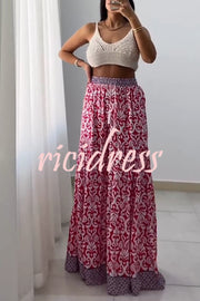 Unique Print Elastic High Waist Tie Pocket Wide Leg Pants