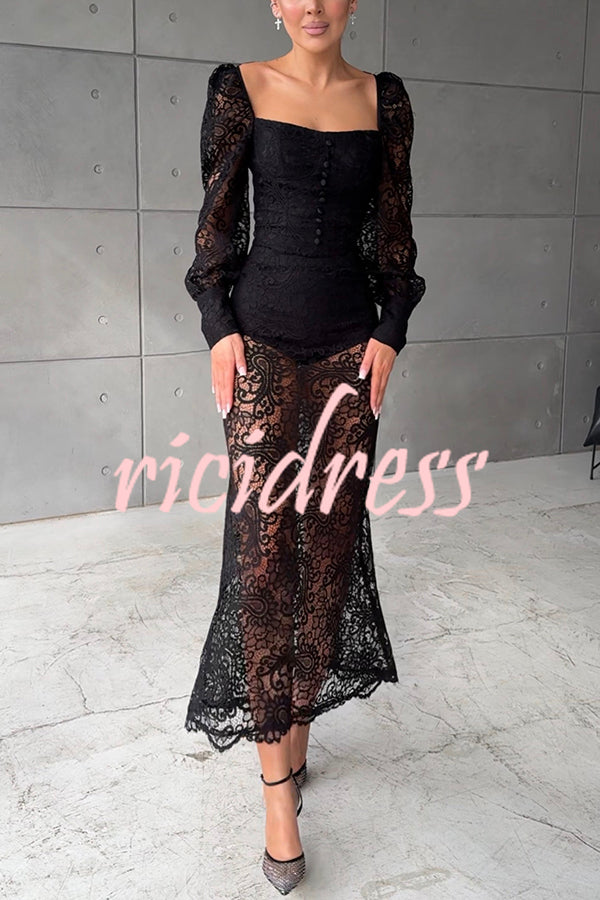Timeless Moment Floral Lace High Rise Elastic Waist Midi Skirt