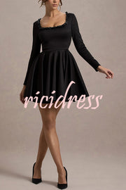 Playful Elegance Pearl Embellished Trim Long Sleeve Pleated Mini Dress