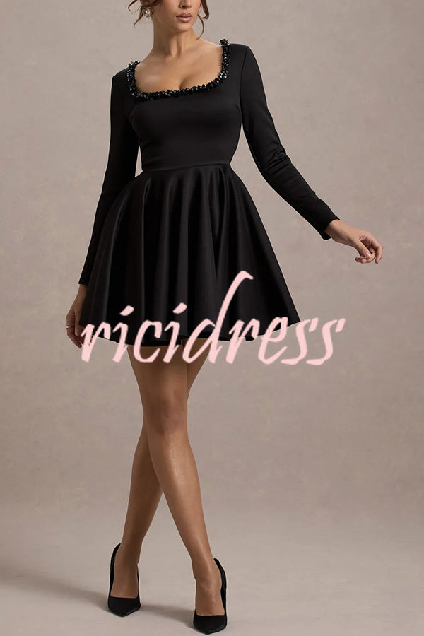 Playful Elegance Pearl Embellished Trim Long Sleeve Pleated Mini Dress