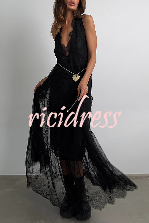 Fashionable Sheer Lace V-neck Backless Elegant Maxi Dress