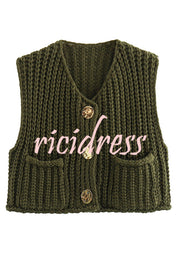 Solid Color Sleeveless Pocket Knitted Vest