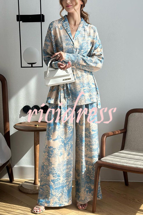 Unique Print Long-sleeved Tie Shirt and Elastic High-waist Wide-leg Pants Set