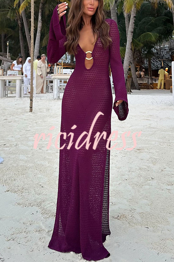 Seaside Goddess Crochet Knit Hollow Out Golden Ring Long Sleeve Cover-up Maxi Dress