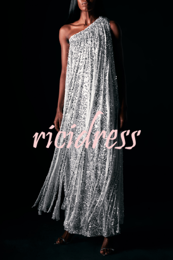 Holiday Muse Sequined Slit Tassels One Shoulder H-line Maxi Dress