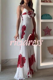 Vanna Poka Dot Floral Print 3D Flower Detail Slip Maxi Dress
