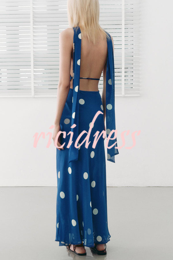 Fashion Polka Dot Print Sexy Halter Neck Backless Maxi Dress