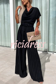 Ivy Cowl Neck Short Sleeve Belt Pleated Loose Wide Leg Jumpsuit