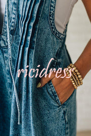 Fashionable and Casual Sleeveless V-neck Lace-up Loose Pocket Jumpsuit