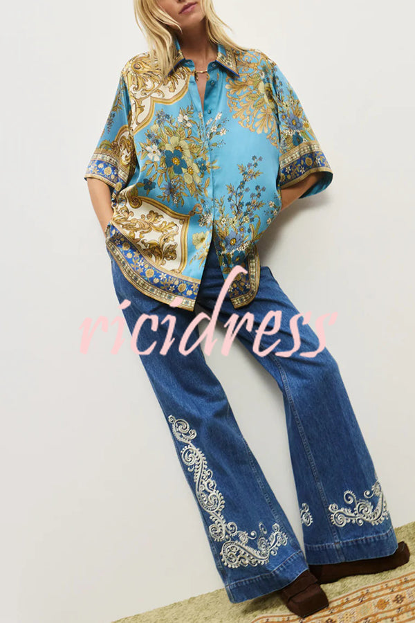 Satin Floral Print Loose Shirt and Elastic Waist Pocket Casual Wide-leg Pants