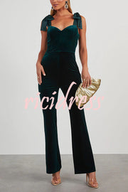 Merlot Sippin' Velvet Shoulder Tie Flare Stretch Jumpsuit