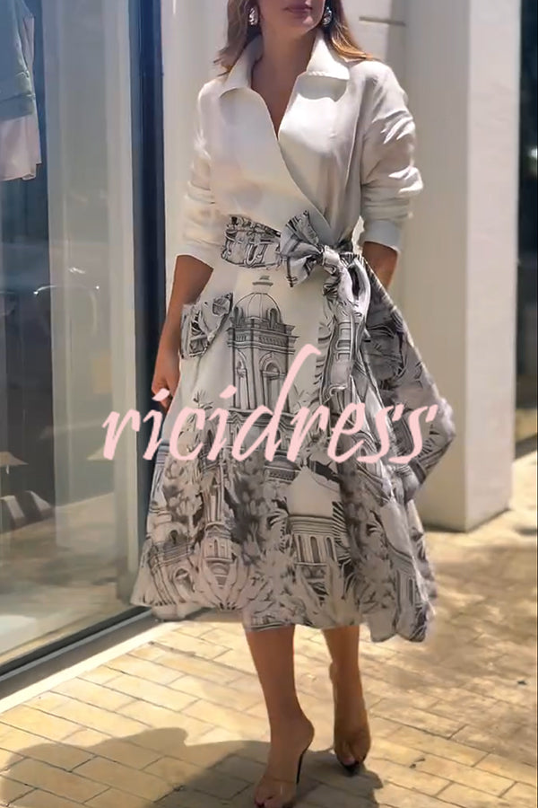 Jiles Linen Blend Unique Contrast Print Long Sleeve Tie-up Pocket Shirt Midi Dress