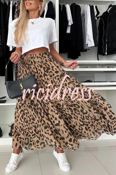 Unique and Comfortable Leopard Print Elastic Waist A-line Layered Maxi Skirt