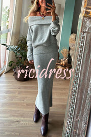 Luka Ribbed Knit Off Shoulder Long Sleeve Sweater and Stretch Maxi Skirt Set