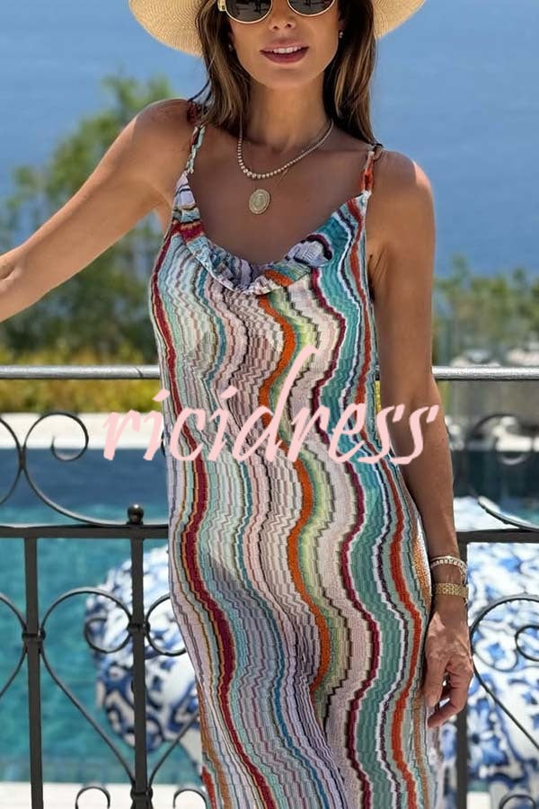 Clarissa Knit Colorful Wave Print Cowl Neck Open Back Slit Maxi Dress