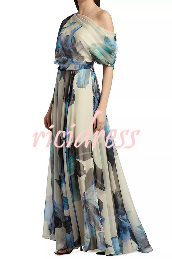 Unique Printed Bohemian Short-sleeved One-shoulder Maxi Dress