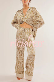 Unique Printed Lounge Long-sleeved Shirt and Elastic Waisted Baggy Pants Set