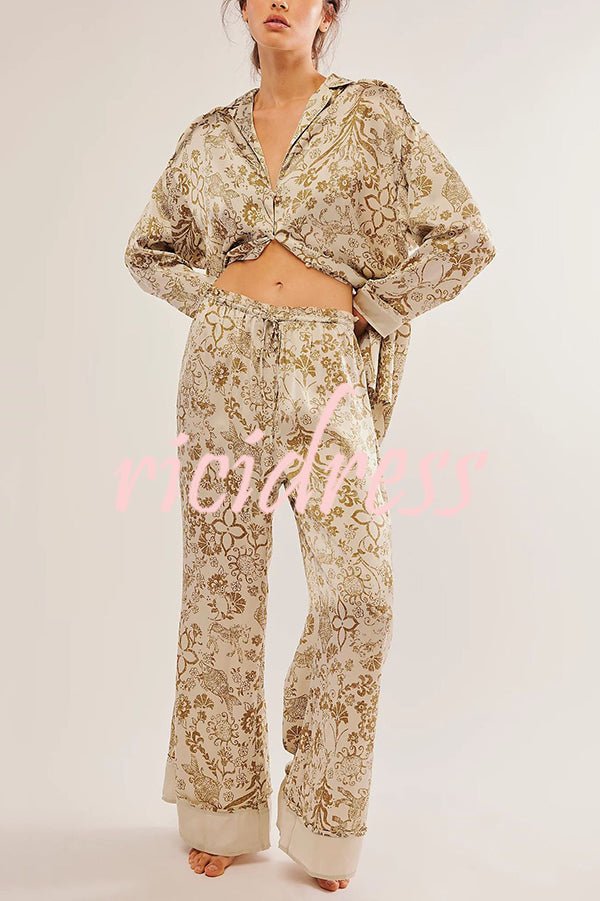 Unique Printed Lounge Long-sleeved Shirt and Elastic Waisted Baggy Pants Set