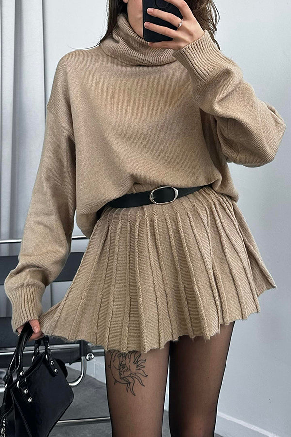 Solid Color Casual Preppy Knit Top and Knit Stretch Pleated Mini Skirt Set