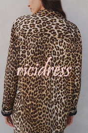 Unique Print Lapel Long Sleeve Loose Shirt and Elastic Waist Casual Pocket Wide Leg Pants Set