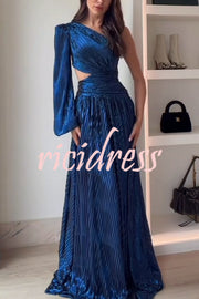 Dazzling Night Metallic Pleated One Shoulder Cutout Balloon Sleeve Gown Maxi Dress