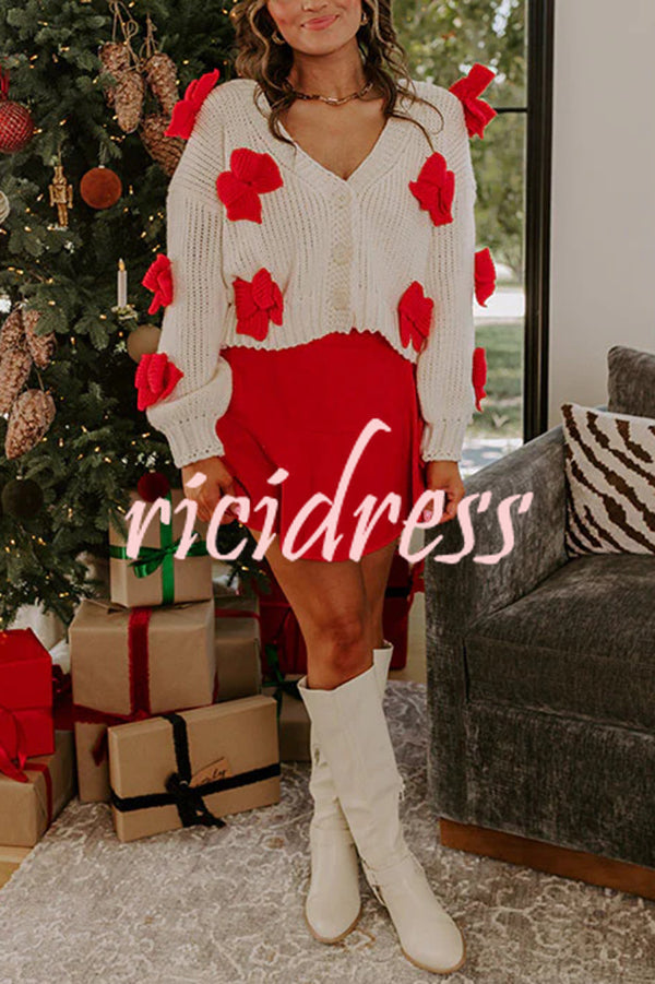 Wrapped in Bows Knit Color-blocked Loose V-neck Long-sleeved Cardigan