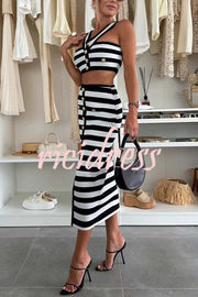Sexy Elegant Striped Metal Button Off Shoulder Top and High Rise Slit Stretch Skirt Set
