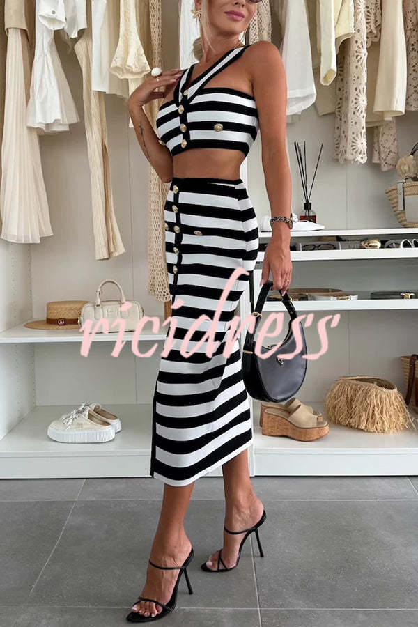 Sexy Elegant Striped Metal Button Off Shoulder Top and High Rise Slit Stretch Skirt Set