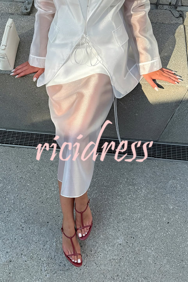 Simple and Light See-through Fabric Mid Rise Pencil Slit Midi Skirt