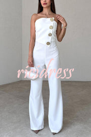 Solid Color Sexy Tube Top Gold Button Embellished Bootcut Jumpsuit